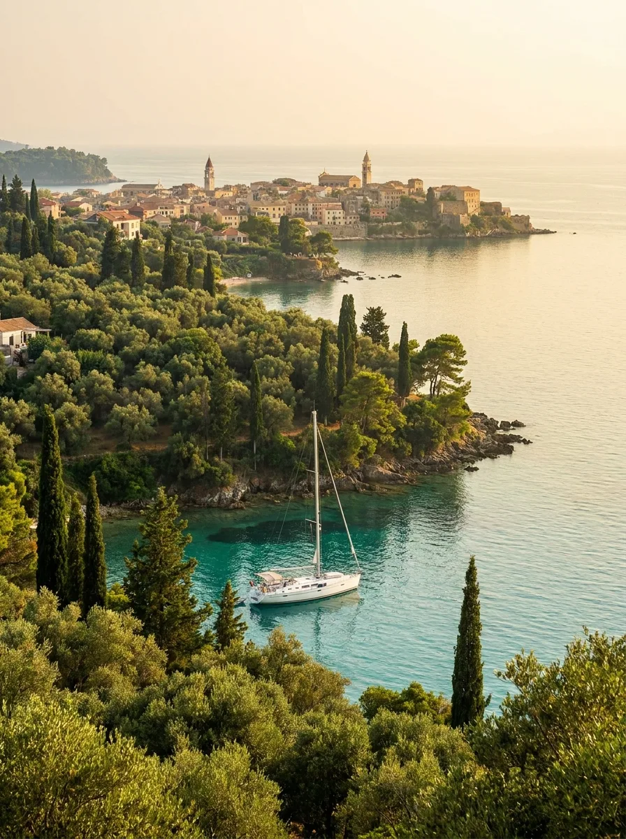 Harbour of small coastal town in Corfu