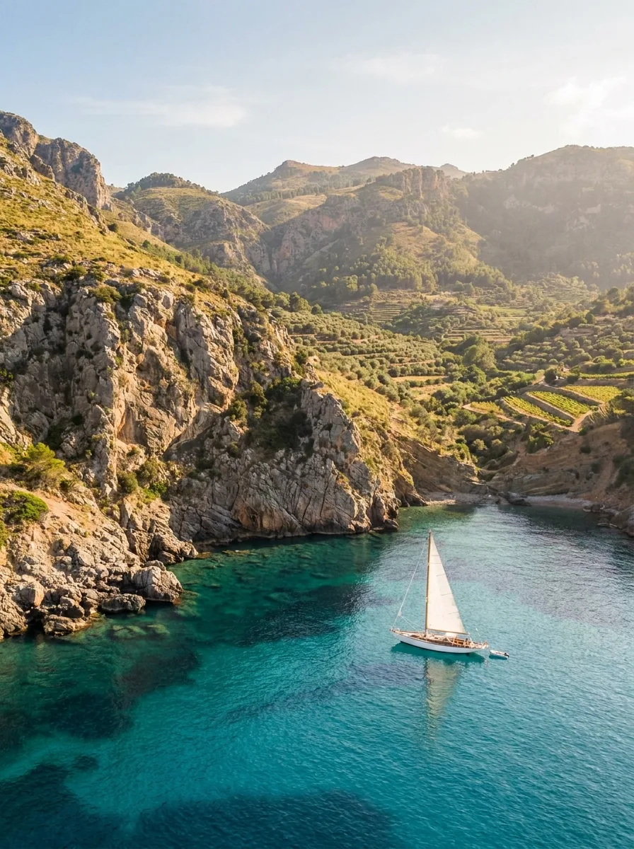 Sailboat anchored in secluded bay in Mallorca